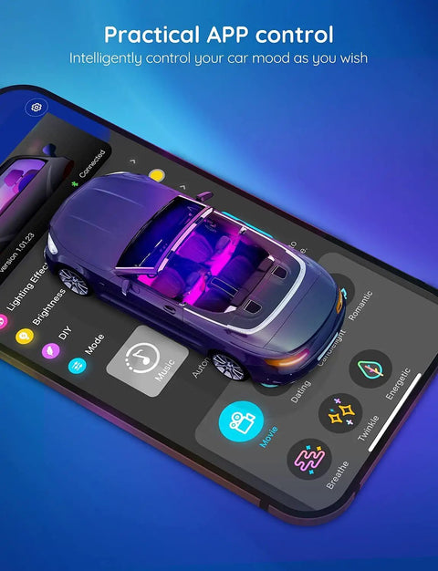 Interior Car LED Lights Kit With App Control, RGB Mood Lighting For Cars interface on smartphone