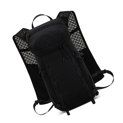 Hands Free Hydration Backpack With 2L Water Bladder, black ultralight nylon, breathable mesh back view, front pockets visible.