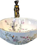 White Vessel Sink For Bathroom Vanity Top Flower Bird Pattern, Above Counter Ceramic Wash Basin, 41cm Diameter