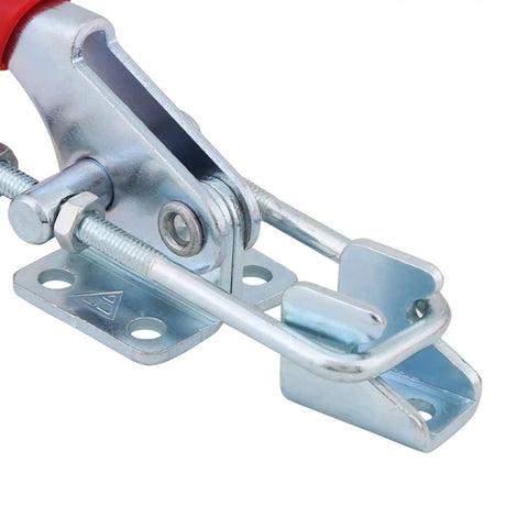 Heavy Duty Latch Type Toggle Clamps With Massive 360 Pound Holding Power For Tough Metal And Wood Assembly Jobs To Keep Your Projects Steady And Secure During Any DIY Or Professional Shop Work Today, close-up view of clamp mechanism.