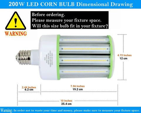 200W LED corn bulb dimensional drawing with measurements and warning sign to measure fixture space before ordering