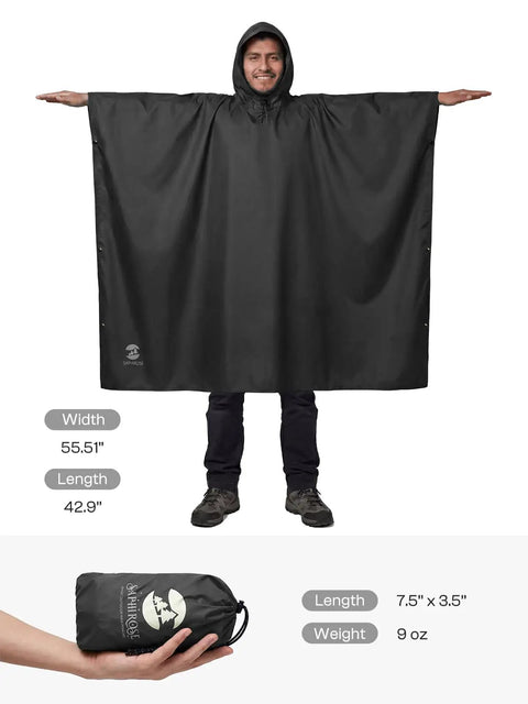 Man wearing hooded waterproof rain poncho for men and women stay dry in any downpour all weather jacket with PU 5000MM coating
