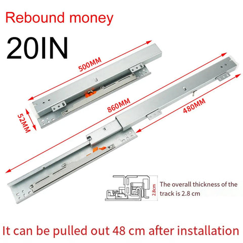 Floor Mounting Drawer Slides For Cabinets And Cupboards, Underfloor Guides And Rails, 500mm length, steel, diagram view
