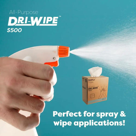 Box of Dri-Wipe S500 All-Purpose Disposable Wipes next to hand spraying cleaner, for janitorial and industrial cleaning.