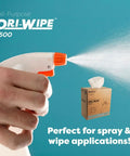 Hand spraying cleaner next to All-Purpose Disposable Wipes 176-Count For Heavy-Duty Cleaning And Janitorial Use box