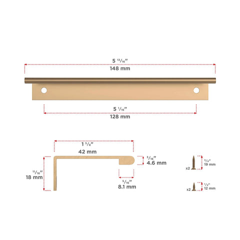 Dimensions and hardware for Lincoln Collection 5 1/16 Inch Center To Center Brushed Champagne Bronze Modern Cabinet And Drawer Edge Pull Handle