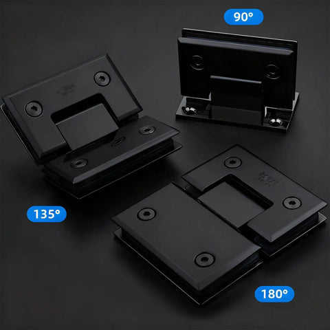 Badass Heavy Duty Two Pack Shower Door Hinges With Tight Seal Gaskets Slick Stainless Steel Glass Panel Brackets For Bathrooms And Cupboards Rust Resistant Build Zero Drama Installation 135 Degree Swivel Smooth Glide showing 90, 135, and 180-degree angles.