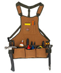 Heavy Duty Canvas Tool Bag For Men With 16 Pockets, Padded Adjustable Shoulder Straps, Quick Release Belt, Brown Work Organizer