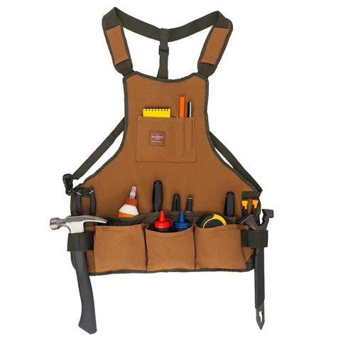Heavy Duty Canvas Tool Bag For Men With 16 Pockets, Padded Adjustable Shoulder Straps, Quick Release Belt, Brown Work Organizer