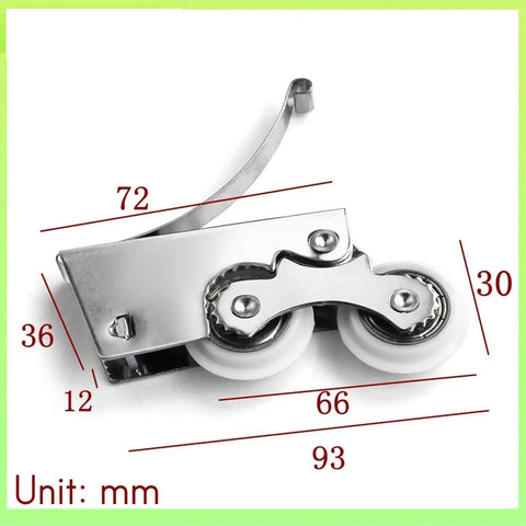 Six Pack Heavy Duty Double Wheel Door Pulleys With Slick As Butter Glide Action For No Hassle Sliding Glass Doors And Windows Quick Swap Wardrobe Track Glides Repair Kit close-up, showing metal construction and double wheel design.
