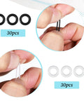 Close-up of 60 Pcs Eyeglass Hinge Tighteners with black and clear silicone rings for loose temple arms, shown in use.