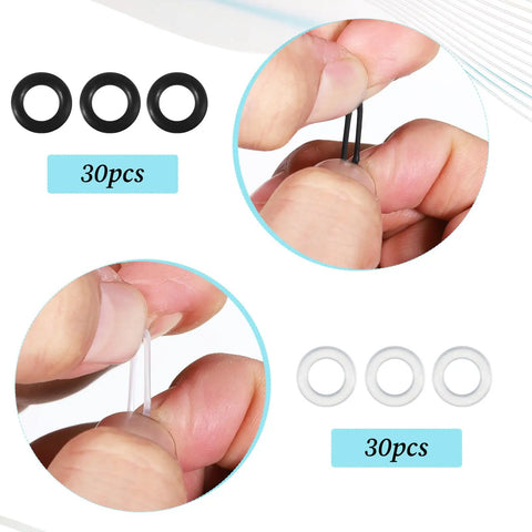 Close-up of 60 Pcs Eyeglass Hinge Tighteners with black and clear silicone rings for loose temple arms, shown in use.