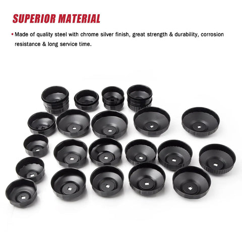 Mercedes BMW VW Audi Volvo Ford 30 Piece Cup Type Oil Filter Wrench Set with 28 fluted cups in black oxide finish arranged on white surface
