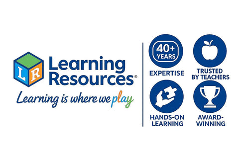 Learning Resources logo with icons for expertise, trust, hands-on learning, and award-winning achievements.