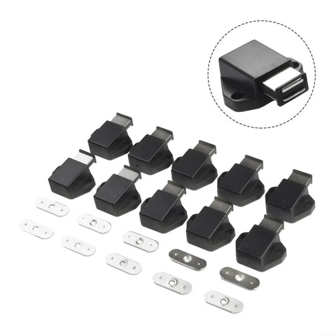 Heavy Duty Magnetic Cabinet Door Catches For Silent Soft Close Kitchen And Bathroom Drawers, sleek black plastic latches with metal plates.