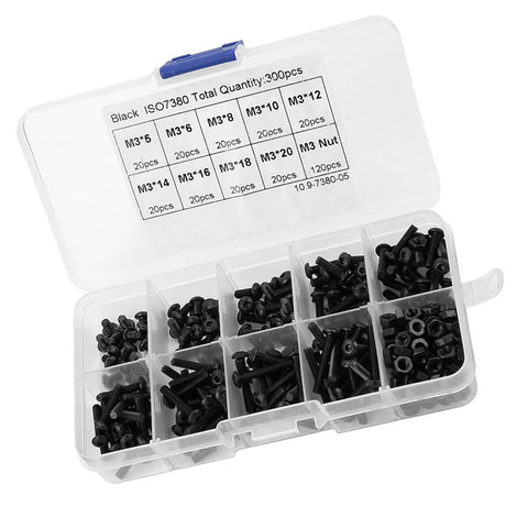High Quality 300 Piece M3 Bolts And Nuts Set Featuring Black Button Head Hex Socket Screws Durable Machine Fastener Assortment Kit For Home Repair Projects With Organized Storage Box Heavy Duty Hardware Solutions Gets The Job Done Right Great Value Today. Black M3 screw and nut assortment in organized storage box, sizes M3x5 to M3x20