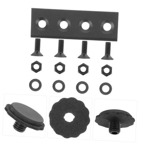 Black Sliding Barn Door Track Connector Kit Sturdy Metal Hardware For No Hassle Installation Smooth Angled Track Connector Plate Exterior Barn Door Hardware For Durable Support Quick Setup And Secure Fit For Your Barn Doors, showing parts close-up: connector plate, screws, washers, and nuts.