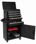 Heavy Duty Metal Tool Cabinet With Five Smooth Glide Drawers And Flexible Modular Shelves For Tough Shop Organization And Weekend Warrior Garage Storage Setup, open with tools.