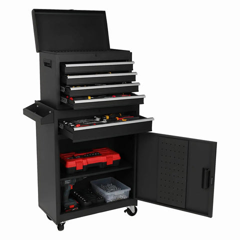 Heavy Duty Metal Tool Cabinet With Five Smooth Glide Drawers And Flexible Modular Shelves For Tough Shop Organization And Weekend Warrior Garage Storage Setup, open with tools.