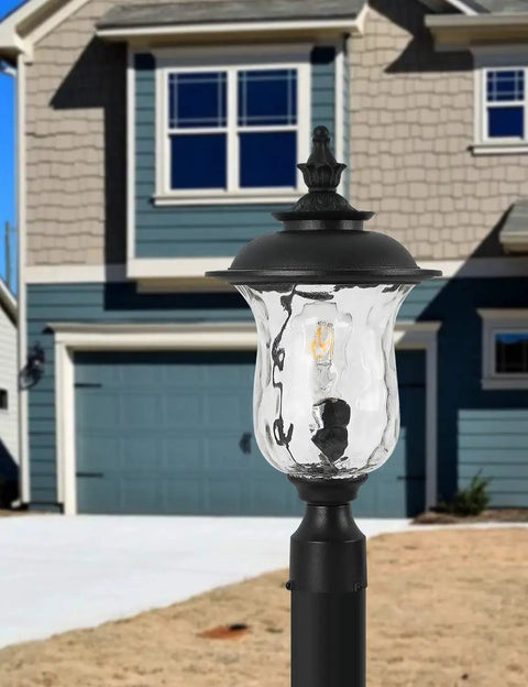 Outdoor Post Light With E26 Socket, 3-Inch Pier Mount, Waterproof Black Lantern With Water Glass Shade For Patio Garden Porch And Backyard