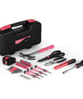 Compact 39 Piece Hand Tool Kit With Case For DIYers And Homeowners A Handy Starter Set For Home Repairs Wood Metal Craft And Mounting In A Portable Pink Tool Box shown with tools and case