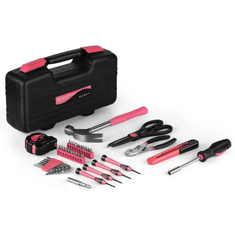 Compact 39 Piece Hand Tool Kit With Case For DIYers And Homeowners A Handy Starter Set For Home Repairs Wood Metal Craft And Mounting In A Portable Pink Tool Box shown with tools and case