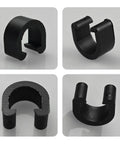 Four black plastic C-clips clamps from a 50 Pack Bicycle C Clips Clamps Kit For MTB And Road Bikes; 11.5x11.6 mm, various angles.