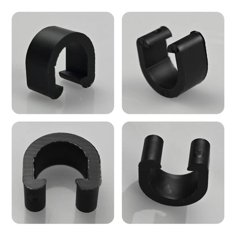 Four black plastic C-clips clamps from a 50 Pack Bicycle C Clips Clamps Kit For MTB And Road Bikes; 11.5x11.6 mm, various angles.