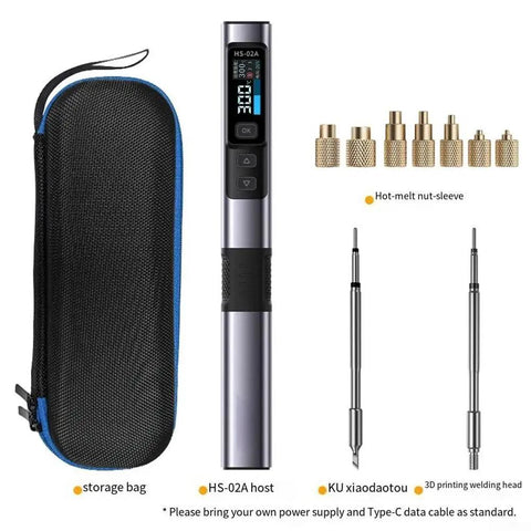 Nut Insertion Kit For 3D Printing Projects M2 To M8 with HS-02A host, changeable tips, and storage bag displayed.
