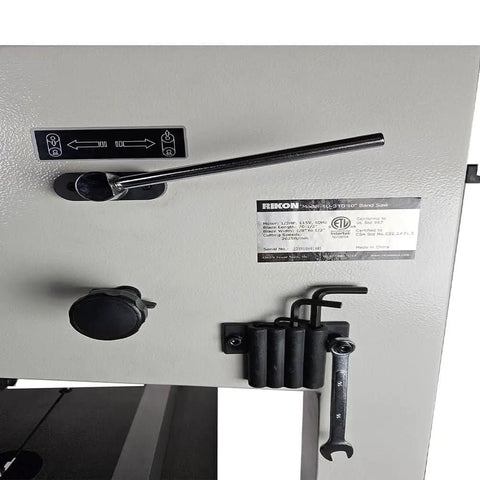 Close-up on lever and controls of Compact 10 Inch Bandsaw With Cast Iron Table And Steel Stand For DIY Woodworkers, Rip Fence.