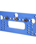 Dead Nuts Accurate Drill Locator Jig And Hole Puncher Built From Tough Aluminum Alloy To Nail Cabinet Assembly, blue jig with precise hole alignments.