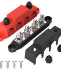 Built Like A Tank 12 Volt 250A Bus Bar And Power Distribution Block With Durable Cover For Marine Automotive Rv Solar Rig Featuring Fire Retardant Nylon Housing And M10 Terminals In Red Black Set on white background with screws.