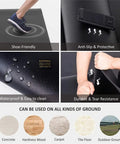 Extra Wide Exercise Mat for Home Gym Flooring Non Slip Durable Cardio Mat Great For Plyo MMA Jump Rope And Weight Training 6x4 6x5 Or 6x6 7mm Thick Shoe Friendly Indoor Or Outdoor Use, showing non-slip surface, waterproof and tear resistance features on different ground types.