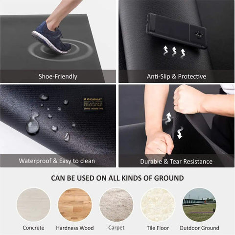 Extra Wide Exercise Mat for Home Gym Flooring Non Slip Durable Cardio Mat Great For Plyo MMA Jump Rope And Weight Training 6x4 6x5 Or 6x6 7mm Thick Shoe Friendly Indoor Or Outdoor Use, showing non-slip surface, waterproof and tear resistance features on different ground types.