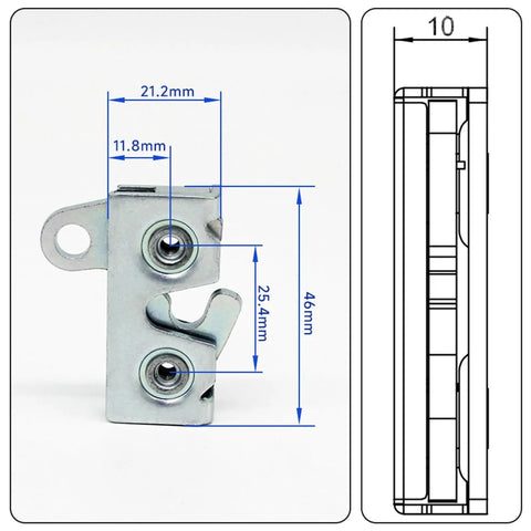 Left Hand Push To Close Rotary Latch dimensions diagram, steel construction, detailed measurements in millimeters shown for industrial use.