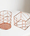 Two Piece Square Post Note Holder And Circle Pen Holder Metal Desk Organizer Set In Rose Gold for home office school use.