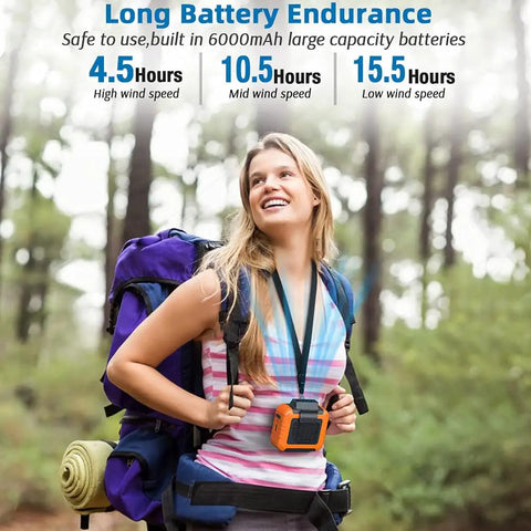 Hiker using 6000mAh Portable Waist Clip Fan With Necklace Mode for outdoor cooling, demonstrating 23-hour battery life benefit.