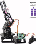 Front view of Siyeenove ESP32 smart robotic arm kit with 4 DOF, black metal frame, joystick and control board