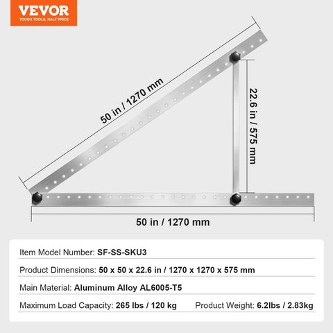 Diagram of 50 Inch Solar Panel Mounting Brackets With 0-90 Degree Adjustable Tilt, showing dimensions and aluminum material details.