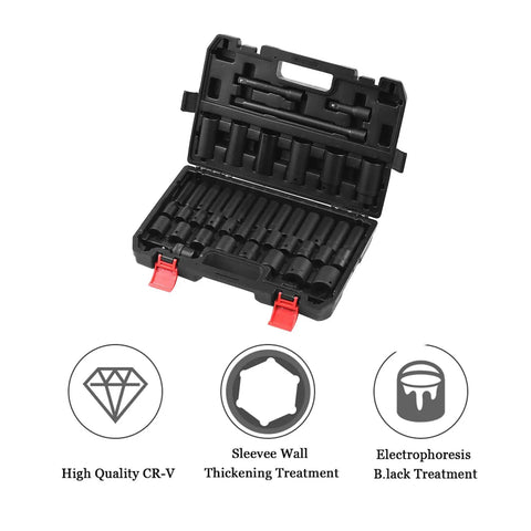 Top Tier HLFuBynox 45 Piece Metric Impact Socket Kit 1/2 Inch Drive black chrome vanadium steel sockets in case