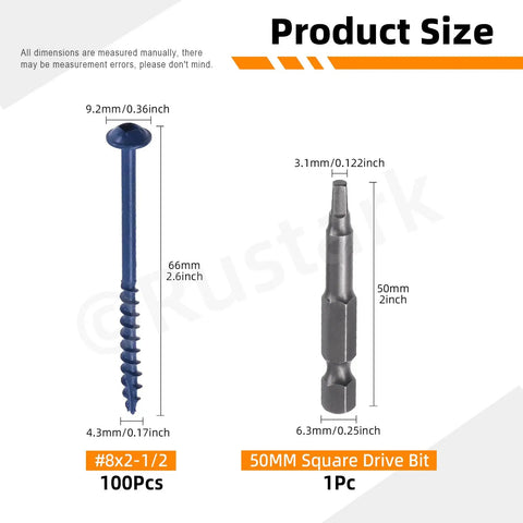 Product dimensions of Pocket Hole Screws Kit With Drive Bit 101 Pcs Blue Coated Square Drive Coarse Thread Wood Screws