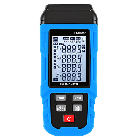 Prograde K And J Type Digital Thermocouple Thermometer Usb Rechargeable High Temp Data Logger Quad Channel Industrial Temperature Tester with blue casing and LCD display.