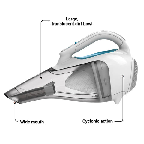 Side view of the Cordless Dustbuster Handheld Vacuum For Car And Home With Rechargeable Lithium Power And Boss Level Suction, Wide Mouth