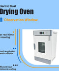 Horizontal Electric Blast Drying Oven Built Tough As Nails For Daily Lab Heating Featuring Rust Resistant Finish Coat And Spotless Stainless Chamber Premium Quality Construction Guaranteed with observation window.