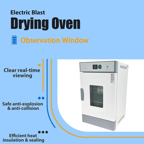 Horizontal Electric Blast Drying Oven Built Tough As Nails For Daily Lab Heating Featuring Rust Resistant Finish Coat And Spotless Stainless Chamber Premium Quality Construction Guaranteed with observation window.