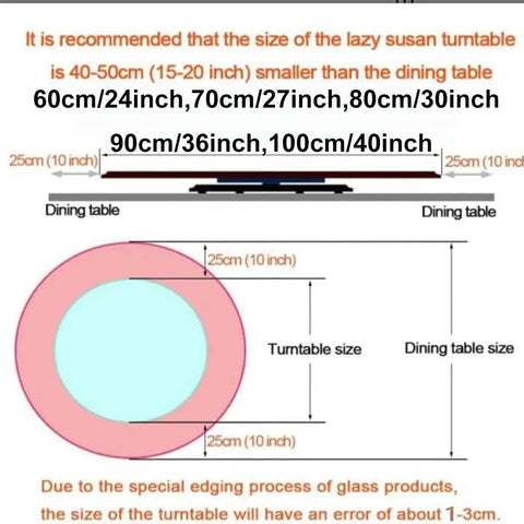 Diagram illustrating size recommendations for a 40 Inch Rotating Lazy Susan Turntable Made From Tempered Glass, Heavy Duty.