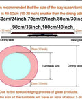 Diagram showing sizing guide for Big 40 Inch Wooden Lazy Susan Turntable for dining table, recommended dimensions smaller than table.