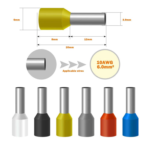 Yellow 10AWG Wire Ferrules Kit With 250 Pcs Copper Nylon Terminal Connectors For Electric, Industrial And Control Systems