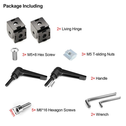 Package contents for Black Living Hinge With Screws Zinc Alloy Flexible Pivot Joint Connector For 2020 Series Aluminum Extrusion Profile Easy Mount Durable Rust Resistant Built To Last, 2 hinges