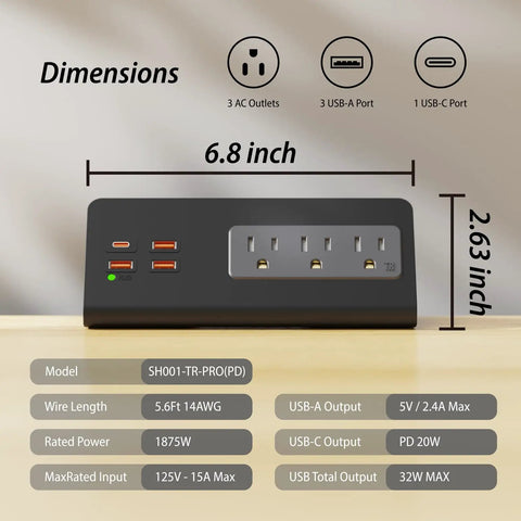 Desk Edge Clamp Power Strip With 15A 1875W Load USB C PD 30W Port shown with dimensions and specifications